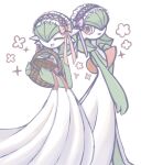  2girls absurdres basket bob_cut bow closed_eyes colored_skin commentary dress frilled_hairband frills gardevoir green_hair green_skin hair_over_one_eye hairband highres holding holding_basket multicolored_skin multiple_girls pink_bow pink_eyes pokemon pokemon_(creature) purple_bow smile suzu_(pixiv_32232702) two-tone_skin untranslatable_commentary white_background white_dress white_skin 