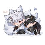  2boys alternate_costume black_hair black_wings blue_eyes chibi chibi_only commentary_request feathered_wings fluffy_hair full_body gintama highres hijikata_toushirou male_focus multiple_boys red_eyes sakata_gintoki senmu_0113 white_background white_hair wings yaoi 