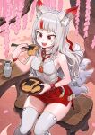  1girl animal_ear_fluff animal_ears armpits artist_name bare_shoulders bell bench blunt_bangs blush borrowed_character bottle branch breasts check_copyright cherry_blossoms chopsticks commentary commission copyright_request eating eyelashes feet_out_of_frame food fox_ears fox_girl fox_tail hands_up highres holding holding_chopsticks holding_plate holding_with_chopsticks isobeyaki jewelry jingle_bell jun_(navigavi) long_hair looking_at_food marking_on_cheek medium_breasts miniskirt multiple_tails nail_polish necklace nose nose_shade on_bench open_mouth original outdoors petals pink_petals plate red_eyes red_nails red_ribbon red_skirt ribbon sake_bottle shadow shirt signature sitting skeb_commission skirt sleeveless sleeveless_shirt solo table tail teeth thick_eyebrows thighhighs thighs tofu tree turtleneck turtleneck_shirt white_hair white_shirt white_tail white_thighhighs wooden_bench wooden_table wristband zipper zipper_pull_tab 