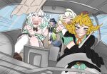  3am 4girls animal_ears black_gloves blank_eyes blonde_hair blue_eyes blue_hair car car_interior commentary densetsu.exe dokibird dokibird_(bounty_hunter) driving english_commentary ferret_ears ferret_girl gloves gradient_hair green_hair highres indie_virtual_youtuber limealicious limealicious_(cozy) meme mint_fantome mint_fantome_(minto_2.0) motor_vehicle multicolored_hair multiple_girls old_lady_steering_wheel_(meme) open_mouth raccoon_ears raccoon_girl rear-view_mirror rrangaaaa scared seatbelt sloppy_sisters snuffy_(idol)_(vtuber) snuffy_(vtuber) steering_wheel sweat vinesauce virtual_youtuber white_hair 