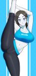  1girl absurdres aqua_background aqua_sports_bra black_hair black_pants breasts colored_skin commentary grin hands_on_own_leg highres jeff_miga large_breasts long_hair low_ponytail pants ponytail smile solo sports_bra thick_thighs thighs two-tone_background white_skin wii_fit wii_fit_trainer_(female) yoga yoga_pants 
