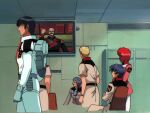  1girl aiguille_delaz carrying carrying_under_arm character_request closed_mouth commentary_request dokite_tsukasa earth_federation game_asset gundam gundam_0083 gundam_gihren_no_yabou gundam_side_story:_the_blue_destiny helmet kou_uraki long_hair maureen_kitamura mecha_pilot_suit mobile_suit multiple_boys normal_suit_(gundam) official_art sitting unworn_headwear yu_kajima zeon 
