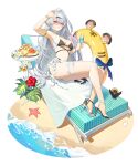  1girl absurdres alternate_costume beach bikini bird black_bikini black_bird breasts calm_calm cleavage commentary_request cup flower food fruit glasses grey_hair hair_ornament high_heel_sandals high_heels highres holding holding_cup korean_commentary large_breasts long_hair lying qingming_bird_(zenless_zone_zero) sandals sarong single_hair_intake smile solo swim_ring swimsuit thigh_strap white_sarong yellow_eyes yellow_nails yixuan_(zenless_zone_zero) zenless_zone_zero 