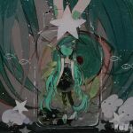  2girls absurdly_long_hair bare_shoulders black_dress black_leggings commentary_request creature dress from_behind glass_jar green_eyes green_hair hatsune_miku high_heels highres in_container in_jar jar leggings li04r long_hair looking_at_another mini_person minigirl multiple_girls rabbit shoes star_(symbol) twintails very_long_hair vocaloid watermark 