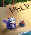  1girl beach blue_hair cast_away commentary dirty dirty_clothes dirty_face dragon_girl dragon_horns dragon_tail duel_monster hatano_kiyoshi help_(phrase) highres horns hugging_own_legs japanese_clothes kimono laundry_dragonmaid leaf maid mixed_maids movie_reference multicolored_hair on_ground palm_tree purple_hair purple_kimono rock sad sand shoes shore solo tail torn_clothes torn_kimono tree untranslatable_commentary water wilson_(cast_away) yu-gi-oh! 