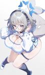  1girl black_choker black_socks blue_archive blue_eyes blue_halo breasts cetacean_tail choker cleavage commentary_request fins fish_tail grey_hair halo headphones highres hooded_shrug huge_breasts kneehighs kotone_(blue_archive) long_sleeves looking_at_viewer multicolored_one-piece_swimsuit one-piece_swimsuit pilokey plump round_eyewear shoes short_hair shrug_(clothing) simple_background socks solo swimsuit tail thigh_strap uwabaki white_one-piece_swimsuit white_shrug 