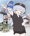  1girl black_shirt blue_hair blush buttons cirno closed_eyes collar dairy_queen day employee_uniform eternalsoulrape fairy fairy_wings fast_food_uniform food headset highres holding holding_food ice ice_cream ice_wings logo messy_hair open_mouth oreo outdoors photo_background shirt short_hair short_shorts short_sleeves shorts smile solo thigh_gap touhou visor_cap wings zoom_layer 