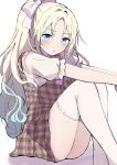  1girl alternate_costume alternate_hairstyle aqua_eyes blonde_hair blush brown_skirt casual commentary_request gradient_hair hair_ornament high_ponytail highres kaudon light_frown love_live! love_live!_hasu_no_sora_jogakuin_school_idol_club multicolored_hair osawa_rurino ponytail simple_background skirt socks solo white_background white_socks 