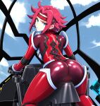  1girl absurdres ai-assisted ass ass_focus blue_eyes bodysuit closed_mouth code_geass commentary_request from_behind hair_between_eyes headband highres kisaragi_shokuin kouzuki_kallen looking_back mecha_pilot_suit piloting red_bodysuit red_hair red_headband short_hair solo 