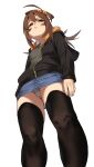  1girl ahoge black_jacket black_thighhighs blue_skirt breasts brown_eyes brown_hair commentary_request from_below fu-ta hair_ornament hairclip highres hood hooded_jacket jacket looking_at_viewer original panties pantyshot simple_background skirt small_breasts solo striped_clothes striped_panties thighhighs underwear usami_taiga 