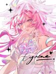  1girl absurdres bare_shoulders breasts character_name commentary cyrene_(demiurge)_(honkai:_star_rail) cyrene_(honkai:_star_rail) diamond-shaped_pupils diamond_(shape) dress headache1402 highres honkai:_star_rail honkai_(series) large_breasts long_hair looking_at_viewer pink_hair purple_eyes simple_background smile solo symbol-shaped_pupils twitter_username veil very_long_hair white_background white_dress white_veil 