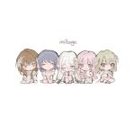  5girls bang_dream! bang_dream!_our_notes blue_hair brown_hair chibi closed_eyes closed_mouth commentary dress facing_viewer flower green_eyes green_hair grey_eyes hair_flower hair_ornament hamasaki_mahoro highres izawa_natsume izumi_houka ki3wii kotohira_nagi long_hair looking_at_viewer medium_hair millsage_(bang_dream!) multiple_girls one_eye_closed pink_eyes pink_hair purple_eyes shiomi_hotaru simple_background sitting smile untranslatable_commentary white_background white_dress white_flower white_hair 