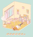  1girl absurdres adachi_rei aqua_background cabinet chair character_doll clock coat commentary_request computer copyright_name cup curtains disposable_cup disposable_ice_cream_cup doll gogo_no_koucha_(utau) hair_ribbon headphones highres hinoki_(yesfish1117) isometric long_sleeves lying monitor on_floor on_stomach orange_hair pantyhose plant poster_(object) potted_plant remote_control_vibrator ribbon sex_toy shoes side_ponytail solo stool swivel_chair table teacup utau vibrator wall_clock white_coat window 