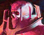  1boy armor berserk commentary english_commentary glowing glowing_eyes italomateusart knight male_focus portrait red_eyes skeleton skull skull_knight_(berserk) solo spikes teeth 