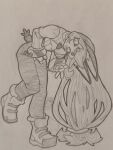  1girl animal_ears borrowed_character breasts carrot cuirass cuisses graphite_(medium) hatching_(texture) highres long_hair mechanical_pencil open_mouth original paper_background pencil photo_(medium) rabbit rabbit_ears rabbit_girl rabbit_tail self-upload sergent_magnom sketch smile solo tail tank_(bongfill) traditional_media 