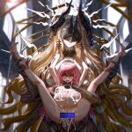  2girls absurdres ahegao arknights arms_up bar_censor blonde_hair breasts censored clenched_teeth colored_extremities commentary_request commission covered_eyes cum cum_overflow demon_horns english_commentary extra_arms folded futa_with_female futanari grabbing_another's_breast groping halo halo_behind_head head_tilt highres horns indoors keph_(arknights) large_insertion large_penis lemuen_(arknights) lifting_person long_hair multiple_girls multiple_pregnancy nipples nude pain penis pink_hair pixiv_commission pregnancy_halo pregnant rape saliva size_difference smile stomach_bulge strangling teeth tongue tongue_out traditional_halo uneven_eyes vaginal xiaomai_guozhi 