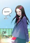  1girl arms_behind_back black_hair blood_time blue_jacket commentary_request grey_eyes ha-yang_baek highres jacket korean_commentary korean_text long_hair murrang_f necktie official_art open_mouth pale_skin red_necktie smile solo speech_bubble translated vampire 