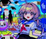  1girl 4others :d arrow_(symbol) birthday_cake blue_sailor_collar breasts brown_eyes brown_hair cake candle cloud commentary creature day disembodied_eye distortion english_text eyes_visible_through_hair fire food grass hair_intakes help_(phrase) highres holding holding_cake holding_food holding_plate horror_(theme) house intentional_jpeg_artifacts long_hair messy_hair midriff_peek modohwa multicolored_pupils multiple_others name_tag navel neckerchief open_mouth original outdoors path plate red_neckerchief road_sign sailor_collar school_uniform serafuku shirt short_sleeves sign silhouette skirt sky small_breasts smile sos star_(symbol) teeth twintails upper_teeth_only very_long_hair weirdcore white_shirt 