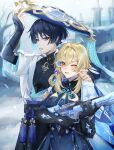  1boy 1girl absurdres aqua_gem armor avesaoi bare_tree belt bishounen black_belt black_bodysuit black_bow black_bridal_gauntlets black_gloves black_hair black_shorts black_shrug blonde_hair blue_cape blue_dress blue_flower blue_hat blue_jingasa blue_kimono blue_sleeves blunt_ends bodysuit bow breasts bridal_gauntlets cape castle cheek_pull cleavage_cutout clothing_cutout commentary covered_collarbone dress elbow_gloves english_commentary eyelashes eyeliner feathers flower furisode gem genshin_impact gloves goggles gold gold_ring gun hair_flower hair_intakes hair_ornament hand_up hat height_difference highres holding holding_gun holding_weapon japanese_armor japanese_clothes jingasa juban kimono kote kurokote large_breasts layered_sleeves looking_at_another looking_to_the_side lower_teeth_only lumine_(genshin_impact) lumine_(night_hunt_in_snow)_(genshin_impact) makeup mandarin_collar middle_ring monocle multicolored_flower multicolored_hair official_alternate_costume one_eye_closed open_clothes open_kimono open_mouth outdoors pinching pom_pom_(clothes) purple_eyes purple_hair purple_rope purple_sash red_eyeliner rifle rope sash scaramouche_(genshin_impact) short_hair short_hair_with_long_locks short_sleeves shorts shoulder_peek shrug_(clothing) side_cape sidelocks snowing streaked_hair tassel teeth tilted_headwear tree tsurime upper_teeth_only wanderer_(genshin_impact) watermark weapon white_cape white_flower white_kimono white_sleeves white_trim wolf_cut yellow_feathers 