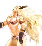  amazon_(dragon's_crown) armlet armor bikini_armor blonde_hair blue_eyes breasts circlet cleavage clown0248 collarbone dragon's_crown feathers gloves large_breasts long_hair looking_up muscle muscular_female navel profile simple_background solo standing thick_thighs thighs weapon white_background 