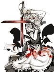  apron blood blood_splatter bloody_clothes bow crossed_swords greyscale hellsing highres itosiki_zetu izayoi_sakuya looking_at_viewer maid_headdress monochrome parody red_eyes simple_background skirt skirt_set solo spot_color sword touhou waist_apron weapon white_background wrist_cuffs 