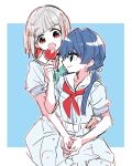  2girls :o aqua_neckerchief blue_background blue_eyes blue_hair blue_ribbon border candy_apple closed_mouth colored_inner_hair commentary_request diagonal_bangs dollchestra dress eating feeding food grey_hair hair_ribbon hasu_no_sora_school_uniform highres holding holding_candy_apple holding_food holding_hands interlocked_fingers kanduki_kamibukuro love_live! love_live!_hasu_no_sora_jogakuin_school_idol_club low_twintails multicolored_hair multiple_girls murano_sayaka neckerchief open_mouth outside_border profile puffy_short_sleeves puffy_sleeves red_eyes red_hair red_neckerchief ribbon sailor_collar school_uniform short_hair short_sleeves simple_background sitting sitting_on_lap sitting_on_person smile summer_uniform twintails virtual_youtuber white_border white_dress white_sailor_collar yugiri_tsuzuri yuri 