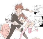  1boy 1girl ahoge amagase_touma amami_haruka ap_bar black_jacket black_pants blackish_961sp_(idolmaster) boots brown_hair green_eyes highres idolmaster idolmaster_(classic) idolmaster_side-m jacket luxury_(idolmaster) miniskirt official_alternate_costume pants pink_boots pink_diamond_765_(idolmaster) red_eyes shirt short_hair simple_background skirt standing thigh_boots tripping white_background white_shirt white_skirt 