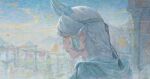  1girl absurdres aqua_headband autumn blue_cloak blue_horns blue_scales blue_sky braid braided_hair_rings castle chinese_commentary cloak closed_mouth cloud commentary_request downturned_eyes dragon_girl dragon_horns expressionless falling_petals from_side hair_rings headband highres hood hood_down hooded_cloak horns in-universe_location infinity_nikki lips long_hair looking_ahead medael_(infinity_nikki) monocle moss mountainous_horizon nikki_(series) overgrown parksolian_(infinity_nikki) petals pillar pink_lips pointy_ears pointy_nose sky solo statue tree upper_body white_hair wyx66157 yellow_eyes 