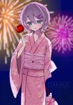  1boy absurdres amemiya_shirone bag blue_background blush candy_apple commentary commission cowboy_shot crossdressing crossdressing_(mtf) dot_nose firework_background floral_print floral_print_kimono food hair_ornament hairclip highres holding holding_bag holding_candy_apple holding_food japanese_clothes kimono light_smile looking_at_viewer male_focus multiple_hairclips obi open_mouth original pink_bag pink_kimono print_kimono purple_hair sample_watermark sash short_hair simple_background skeb_commission solo trap watermark 