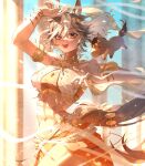  1girl animal_ears armlet bracelet breasts brown_eyes brown_hair commentary dancer day english_commentary gold_armlet highres horse_ears horse_girl horse_tail indie_virtual_youtuber jewelry kisaragi_byakko large_breasts looking_at_viewer multicolored_hair navel orange_skirt outdoors second-party_source short_hair skirt smile solo standing tail teeth tomoe_umari tongue umarmy_(tomoe_umari) upper_teeth_only virtual_youtuber white_hair 