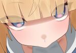  1girl blonde_hair blue_jacket close-up closed_mouth commentary_request flasso from_above highres jacket looking_at_viewer norma_hollowell portrait purple_eyes solo yurie_mouth zenless_zone_zero 