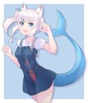  1girl absurdres animal_ear_fluff animal_ears blue_dress blue_eyes blue_streaks blush button_dress cat_ears commentary dress english_commentary fins fish_tail frilled_shirt_collar frills gawr_gura gawr_gura_(casual) grey_hair hands_up highres hololive hololive_english irroi long_hair looking_at_viewer multicolored_hair official_alternate_costume open_mouth paw_pose shark_girl shark_tail sharp_teeth shirt side_ponytail simple_background smile streaked_hair tail teeth thighs upper_teeth_only virtual_youtuber white_shirt 