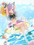  1girl ahoge animal_ear_fluff animal_ears arknights arms_up ball barefoot beachball behind-the-head_headphones bikini black_bikini blue_eyes chinese_commentary closed_mouth cloud commentary_request day fox_ears fox_girl fox_tail full_body headphones headphones_for_animal_ears highres holding holding_ball holding_beachball innertube jiguang_(aurora) looking_at_viewer material_growth navel ocean off-shoulder_bikini off_shoulder official_alternate_costume oripathy_lesion_(arknights) outdoors partially_submerged short_hair short_twintails sitting sky solo sussurro_(arknights) sussurro_(summer_flower)_(arknights) swim_ring swimsuit tail twintails water 