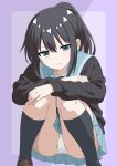  1girl absurdres black_hair black_socks blue_eyes blue_sailor_collar blue_skirt closed_mouth commentary_request crossed_arms feet_out_of_frame highres jin_1116 kneehighs looking_at_viewer matazoro. medium_hair musumi_tomoe panties pantyshot ponytail purple_background sailor_collar school_uniform shirt sidelocks simple_background skirt socks solo squatting underwear white_panties white_shirt 