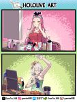  >_< 2girls :d absurdres animal_ears arm_up bare_shoulders cecilia_immergreen chattino_(raora_panthera) commentary doll_joints english_commentary green_hair grey_hair hands_on_own_cheeks hands_on_own_face highres hololive hololive_english innertube joints long_hair looking_at_mirror lotion medium_hair mirror multiple_girls naked_towel otomo_(cecilia_immergreen) panther_ears panther_girl pink_hair polishing raora_panthera sink smile swim_ring towel virtual_youtuber wd-40 winding_key xd yellow_eyes zetsuental 