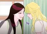  2girls black_hair blonde_hair blood_time commentary_request da-yang_baek grey_eyes grin ha-yang_baek korean_commentary multiple_girls murrang_f official_art open_mouth pale_skin shaded_face siblings sisters smile straight_hair translation_request wavy_hair 