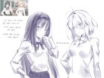  2girls adjusting_hair antenna_hair arcueid_brunestud blush breasts collared_shirt commentary derivative_work formal_clothes game_screenshot_inset hair_between_eyes hairband hand_on_own_hip highres jewelry long_hair long_sidelocks long_skirt looking_at_viewer multiple_girls necklace open_mouth plaid_clothes plaid_skirt reference_inset ribbon screenshot_inset shirt short_hair shuuuchandesu sidelocks single_hair_intake skirt smile sweater takeuchi_takashi tohno_akiha translation_request tsukihime tsukihime_(remake) turtleneck turtleneck_sweater untranslatable_commentary 