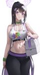  1girl bag black_hair black_pants blue_archive breasts cleavage commentary cowboy_shot crop_top fuso_(pozerfuso) hair_between_eyes halo high_ponytail highres large_breasts long_hair looking_at_viewer navel pants parted_lips ponytail purple_eyes purple_halo shoulder_bag simple_background solo stomach sumire_(blue_archive) untranslatable_commentary very_long_hair white_background white_bag yoga_pants 