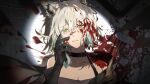  1girl absurdres animal_ear_fluff animal_ears arknights bare_shoulders belt_collar black_dress black_gloves black_robe blood blood_on_face blood_splatter breasts cat_ears cat_girl chinese_commentary cleavage collar collarbone commentary_request crying crying_with_eyes_open dress gloves gradient_hair green_eyes grey_hair hand_on_own_cheek hand_on_own_face highres hood hood_down hooded_robe horizontal_spotlight kal'tsit_(arknights) kal'tsit_(boss)_(arknights) medium_breasts medium_hair multicolored_hair robe solo tears torn_clothes torn_robe under-elbow_gloves upper_body xun_yi 