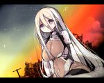  1girl bodysuit breasts commentary_request covered_navel fee_drese fortified_suit grey_eyes hair_between_eyes highres impossible_bodysuit impossible_clothes large_breasts letterboxed long_hair mameguri mecha_pilot_suit muv-luv muv-luv_girls_garden sitting solo very_long_hair white_hair 