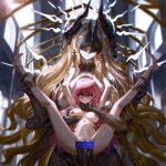  2girls absurdres arknights arms_up bar_censor blonde_hair breasts censored clenched_teeth colored_extremities commentary_request commission covered_eyes demon_horns english_commentary extra_arms folded futa_with_female futanari grabbing_another's_breast groping halo halo_behind_head head_tilt highres horns indoors keph_(arknights) large_insertion large_penis lemuen_(arknights) lifting_person long_hair multiple_girls nipples nude pain penis pink_hair pixiv_commission rape saliva size_difference smile stomach_bulge strangling teeth traditional_halo vaginal xiaomai_guozhi 
