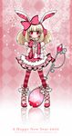  animal_ears bad_id bad_pixiv_id blonde_hair bow bunny_ears hair_bow highres long_hair looking_at_viewer original red_eyes skirt solo striped striped_legwear syno thighhighs 