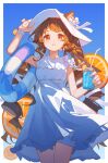  1girl angelina_(arknights) animal_ear_fluff animal_ears arknights blue_background blue_sky border brown_hair chinese_commentary cocktail_glass commentary_request cowboy_shot cup dress drinking_glass food fox_ears fox_girl fruit hair_between_eyes hand_on_headwear hat heanna highres holding holding_cup innertube letter_in_orange_(arknights) long_hair looking_at_viewer official_alternate_costume orange_(fruit) orange_slice parted_lips short_dress sky sleeveless sleeveless_dress solo standing sun_hat sundress swim_ring twintails very_long_hair white_border white_dress white_hat 