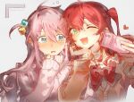  2girls :d ;d blue_eyes blush bocchi_the_rock! brown_cardigan cardigan commentary cowlick cube_hair_ornament ear_blush gotoh_hitori green_eyes hair_between_eyes hair_ornament hand_on_own_chin hand_to_own_mouth hand_up hands_up heads_together heart highres hiru315 holding holding_phone jacket kita_ikuyo long_hair long_sleeves looking_at_another looking_at_viewer multiple_girls necktie one_eye_closed one_side_up open_mouth parted_bangs phone pink_hair pink_jacket rectangular_mouth red_hair red_necktie school_uniform shuka_high_school_uniform side-by-side simple_background sleeves_past_wrists smile sweatdrop track_jacket twitter_username upper_body white_background 