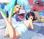  1girl 4others :3 artist_name black_hair breasts brown_eyes closed_mouth commentary digimon digimon_(creature) digimon_story:_time_stranger dorimon easel english_commentary fang green_eyes green_slippers looking_at_another looking_back lying marinangemon medium_breasts modeling multiple_others nude_modeling o_o on_stomach open_mouth painting_(action) sharp_teeth slippers sound_effects supermondobeat teeth terriermon_joshu towel tunomon yuuki_kanan 