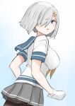  1girl 30-06 black_pantyhose blue_background blue_eyes breasts gradient_background grey_hair grey_sailor_collar grey_skirt hair_ornament hair_over_one_eye hairclip hamakaze_(kancolle) highres kantai_collection large_breasts looking_at_viewer neckerchief open_mouth panties panties_under_pantyhose pantyhose pantyshot pleated_skirt running sailor_collar school_uniform serafuku short_hair short_sleeves skirt solo thighband_pantyhose underwear yellow_neckerchief 