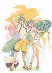  1boy 1girl 2134twone alternate_costume arm_on_another's_shoulder arm_up bikini blue_nails braid breasts caelus_(honkai:_star_rail) character_charm charm_(object) cleavage closed_mouth commentary_request dual_persona eyewear_on_head full_body grey_hair hair_between_eyes highres holding holding_surfboard honkai:_star_rail honkai_(series) jacket long_hair looking_at_viewer male_swimwear march_7th_(honkai:_star_rail) march_7th_(march_bunny)_(honkai:_star_rail) medium_breasts nail_polish navel open_mouth sandals sarong scrunchie short_hair side_braid smile stelle_(honkai:_star_rail) surfboard swim_trunks swimsuit teeth thigh_strap toenail_polish toenails trailblazer_(honkai:_star_rail) trotter_(honkai:_star_rail) twitter_username upper_teeth_only white_bikini white_jacket white_sarong wrist_scrunchie yellow_eyes yellow_male_swimwear 