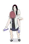  2girls black_hair black_sandals blood_time blue_sandals brown_hair carrying fang grey_eyes ha-yang_baek hand_on_another's_shoulder highres lifting_person long_hair multiple_girls murrang_f official_artist_extra open_clothes pale_skin piggyback sandals shirt short_hair simple_background skin_fang sweatdrop white_shirt yeonu_ha 