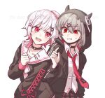  2girls :d artist_request bandaged_horn beret black_choker black_jacket black_mask black_shirt check_artist choker collared_shirt colored_inner_hair commentary_request commission cross-laced_clothes cross-laced_sleeves crossed_bangs dot_nose flower furrowed_brow gradient_hair grey_hair grey_skirt hair_between_eyes hair_flower hair_ornament hat hat_flower hat_ribbon hephari highres hood hooded_jacket horned_hood horns jacket korean_commentary long_sleeves mahou_shoujo_no_majo_saiban mask mouth_mask multicolored_hair multiple_girls necktie o-ring o-ring_choker official_alternate_costume open_mouth pink_eyes pink_hair plaid_clothes plaid_skirt pleated_skirt red_eyes red_hair red_necktie ribbon sakuraba_ema second-party_source shirt shito_alisa short_hair simple_background skirt smile watermark white_background white_flower white_hair white_hat white_shirt x_hair_ornament yuri 