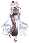  1girl absurdres black_bodystocking black_sash blush bomrung breasts cinderella_(nikke) closed_mouth commentary_request eyes_visible_through_hair floral_print floral_print_kimono folded_fan folding_fan full_body goddess_of_victory:_nikke grey_kimono hair_over_one_eye hand_fan hands_up highres holding holding_fan japanese_clothes kimono korean_commentary large_breasts long_hair looking_at_viewer obi print_kimono red_eyes sandals sash simple_background smile solo twintails very_long_hair white_background white_hair 
